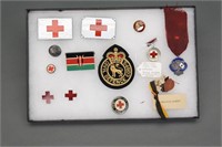 55 lapel pins, buttons, etc.: Red Cross, etc.