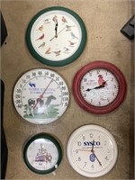 Retro clocks & advertising thermometer.