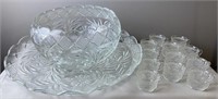 Vintage Heavy Clear Punch Bowl, Tray And Cups