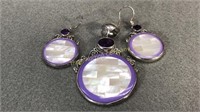Sterling Pendant & Earrings, Purple & Abalone