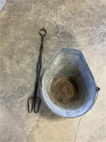 Galvanized ash bucket and tongs