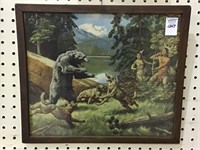 Old Framed Hunting Picture w/ Indians