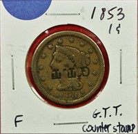 1853 Braided Hair Cent Counter Stamp F