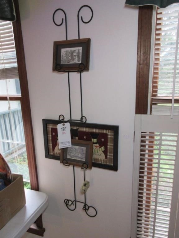 (3) framed pictures w/ display rack