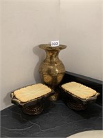 BRASS VASE, 2 SOAP DISHES