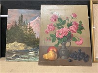2 Oil Paintings On Canvas Landscape & Still Life.
