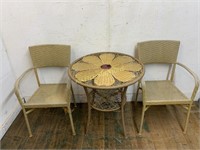 WICKER TABLE AND 2 WICKER CHAIRS