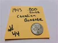 1943 .800 silver Canadian quarter