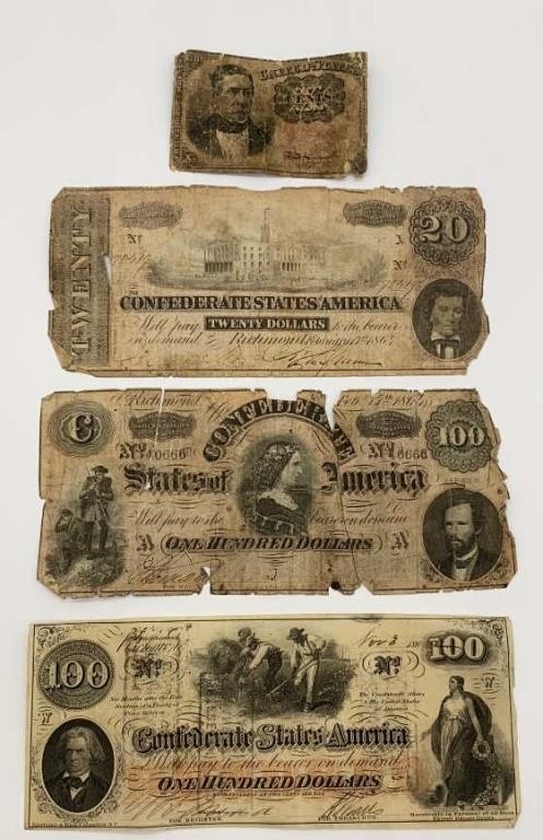 4 Confederate Bills ($100, $20, & $10)