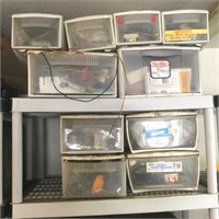 (15) Storage Boxes, Various Mower Parts & Hardware