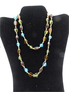 32" Green, Blue & Brown Beaded Necklace