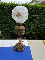 Victorian Parlor Lamp w/Ornate Brass, Glass Shade