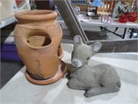 CONCRETE DEER AND STRAWBERRY POT