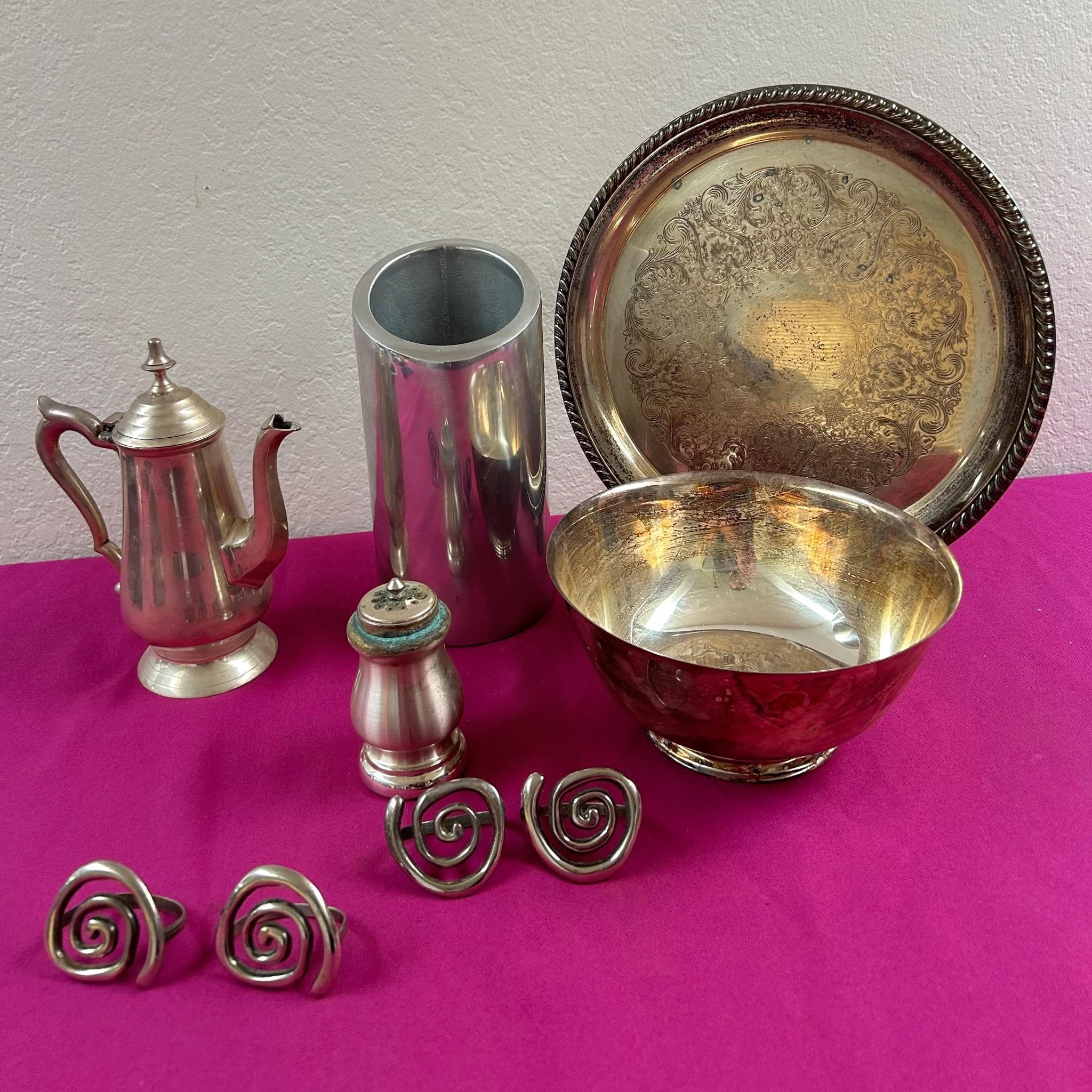 Nambe Stainless Vase, Silver Plated Plate, Bowl +