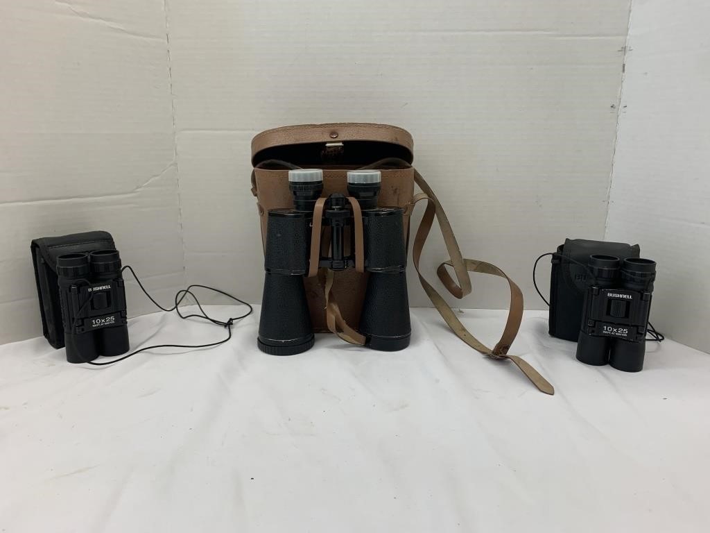 3 Binoculars with cases 2 Bushnell 10x25