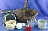 Baskets, painted dishes, small cooler new