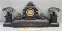 Antique French Slate Mantel Clock & Garniture Set