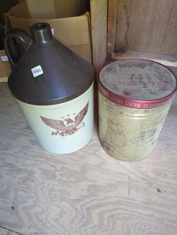 Plastic jug and cherries tin