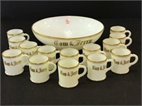 White & Gold Trim Tom & Jerry Bowl & 14 Cups