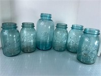 6 Vintage Ball Blue Mason Jars. Half gal