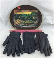 Leather Gloves & Italian Scene Tray