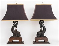 Wrought Iron Dolphin and Wood Lamps, Pair