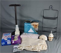 Assortment of Bathroom Supplies w/ Light Shade