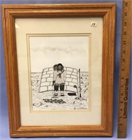 Double matted and framed ink drawing of an Eskimo