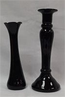 Black Glass 8" Vase,  9.5" Candlestick