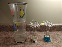 2 small glass vases and large vase large 10" H