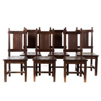 Six Arts & Crafts style pine dining side chairs