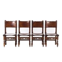 4 Spanish walnut, leather & brass tack side chairs