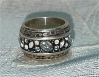 Silver Tone Ladies Encrusted Wide Band Ring