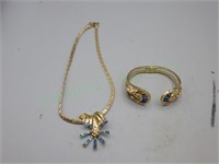 Blue rhinestone necklace/cuff bracelet set