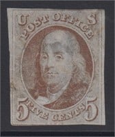 US Stamps #1 Used with large hinge thin and tear a