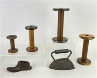 Antique Wooden Spools, Iron, & Shoe Mold