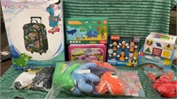 1 LOT ASSORTED TOYS INCLUDING KIDS LUGGAGE BAG,
