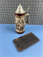 GETZIT GERMAN BEER STEIN & ANTIQUE LEATHER WALLET