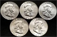 5 Brilliant Uncirculated Franklin Silver Half