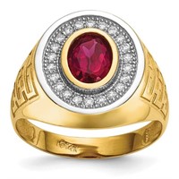 14k - with Rhodium CZ and Oval Red CZ Mens Ring