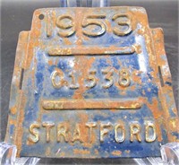 1953 Stratford Ontario Bicycle License Plate