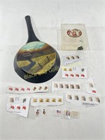 Painted Skillet, Collectible Stamps & Cigar Box