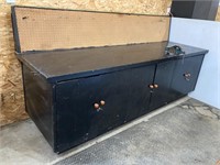 Wooden work bench. 97” x 31” x 31.5” H. On castors