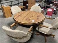 Wood Kitchen Table w/Leaf & Rolling Chairs