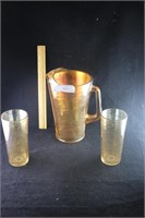 Marigold Carnival Glass Pitcher and 2 Glasses