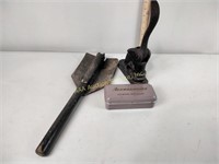 Vintage notary stamp, shovel, and