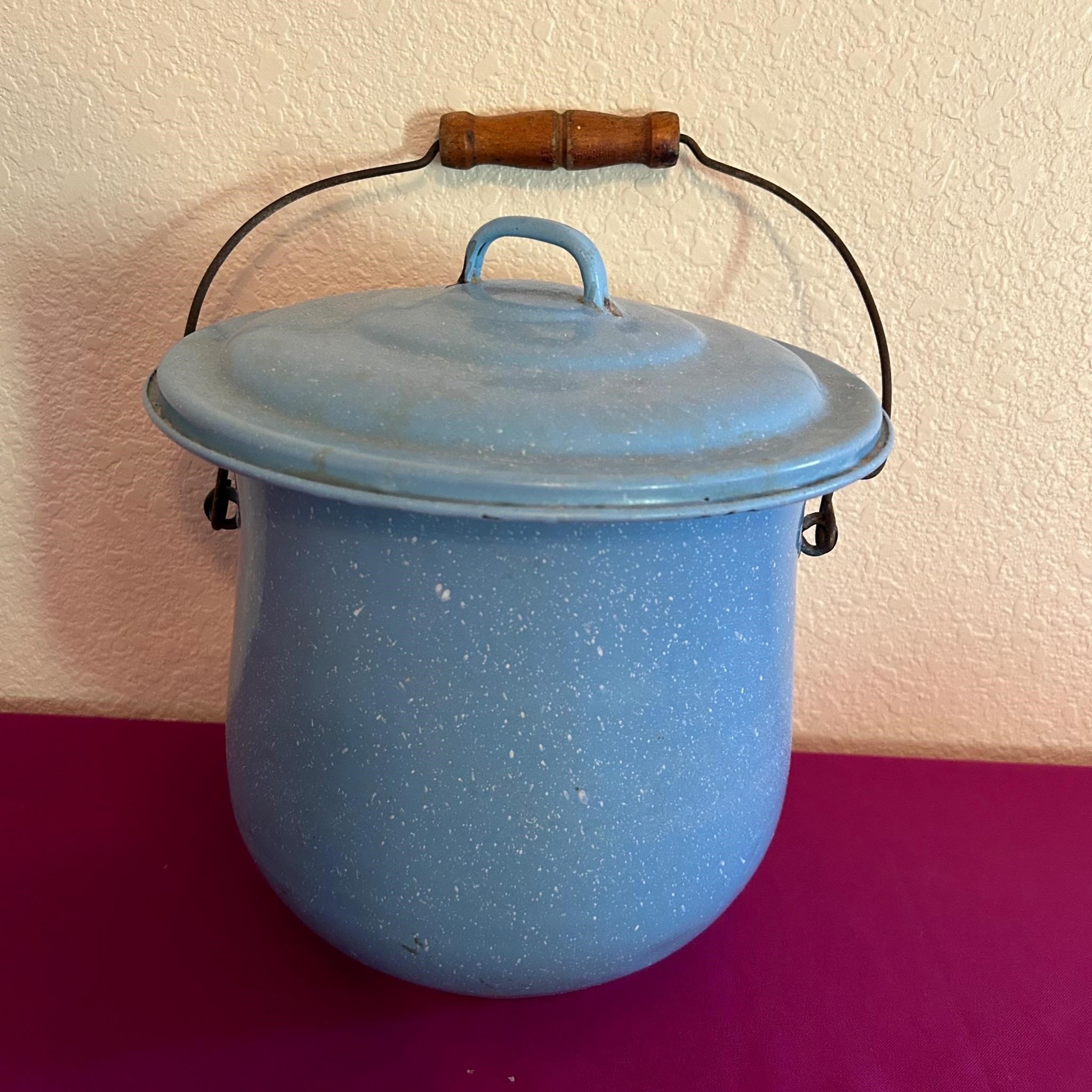 French Enamel Blue Bucket w Handle