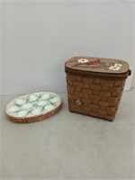 Eggplate and a wicker wood sewing basket
