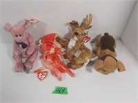 4 Beanie Babies, Wiggly, Taffy, Cromwell, Roxie