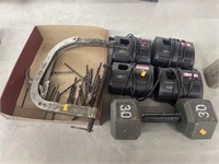 Ryobi battery chargers, c clamp, drill bits,